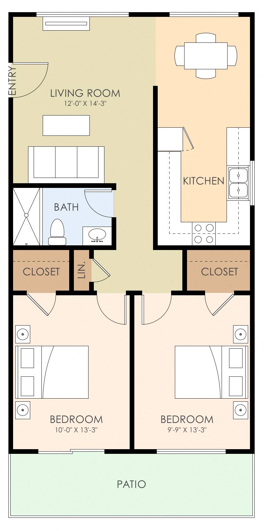 Floor plan for 2 beds, 1 bath, 750 sqft